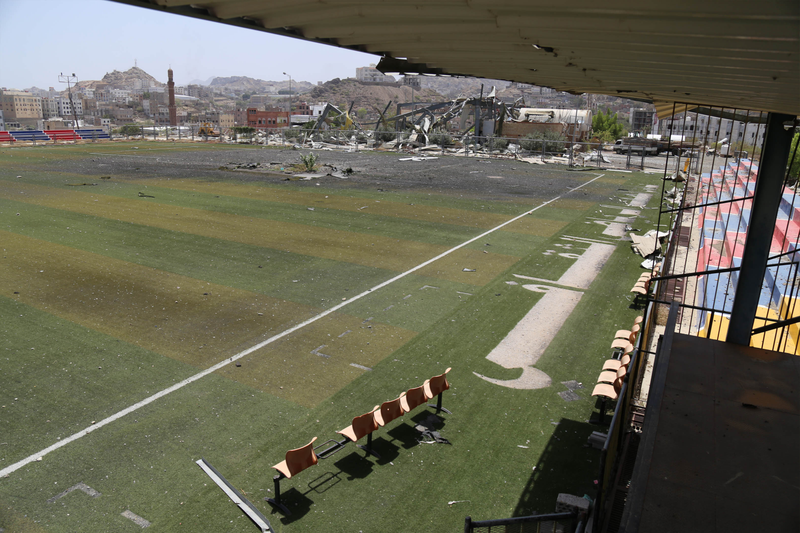 Taiz’s Al Saqr Stadium, unplayable after coalition bombardment.